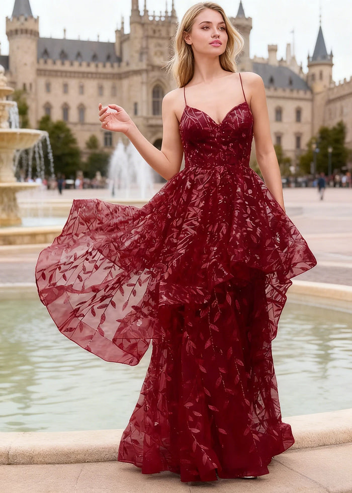 Yara Burgundy Tulle Floral Jacquard Prom Dress | A - Line Spaghetti Strap V - Neck Ruffle Gown - US00 - PromDressClub