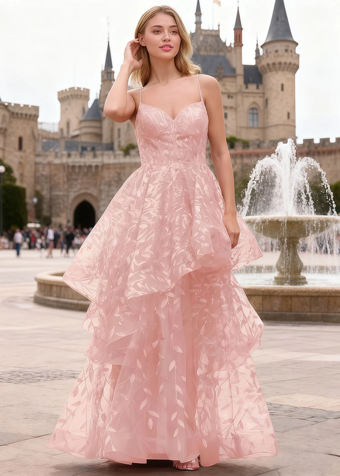 Yara Pink Tulle Floral Jacquard Prom Dress | A - Line Spaghetti Strap V - Neck Ruffle Gown - US00 - PromDressClub