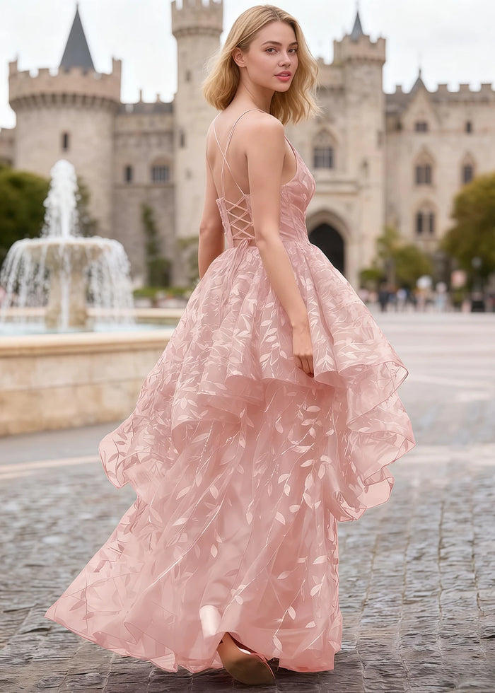 Yara Pink Tulle Floral Jacquard Prom Dress | A - Line Spaghetti Strap V - Neck Ruffle Gown - US00 - PromDressClub