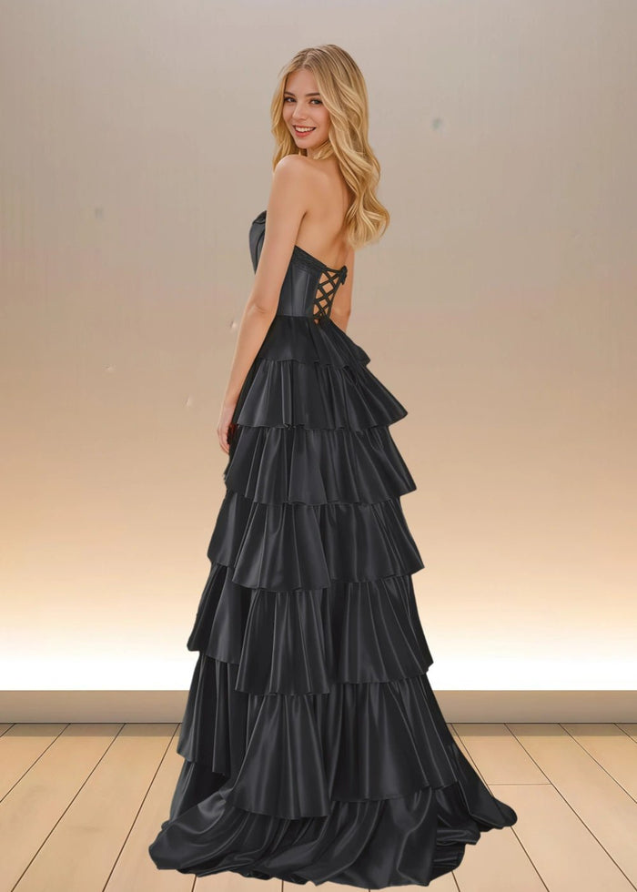 Adele | Yellow Satin Strapless Beaded Ruffle Formal Dress with Slit - Black - PromDressClub