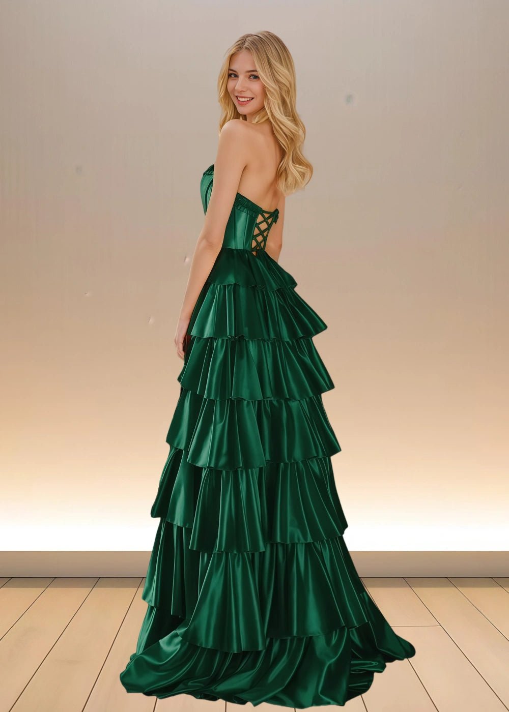 Adele | Yellow Satin Strapless Beaded Ruffle Formal Dress with Slit - Dark Green - PromDressClub