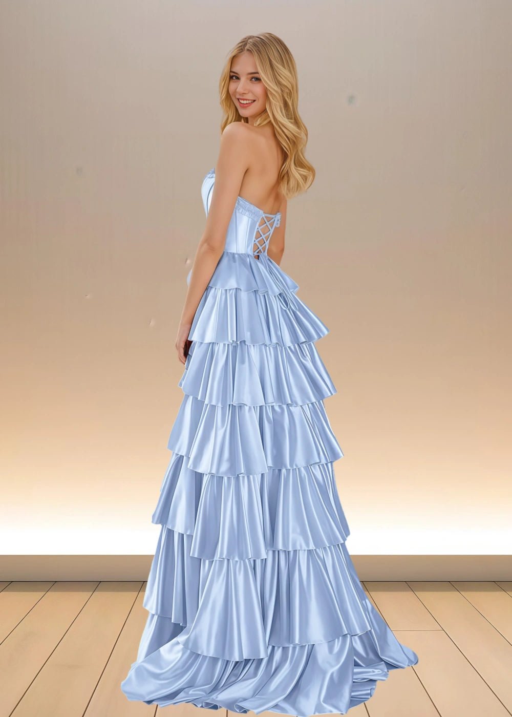 Adele | Yellow Satin Strapless Beaded Ruffle Formal Dress with Slit - Light Blue - PromDressClub