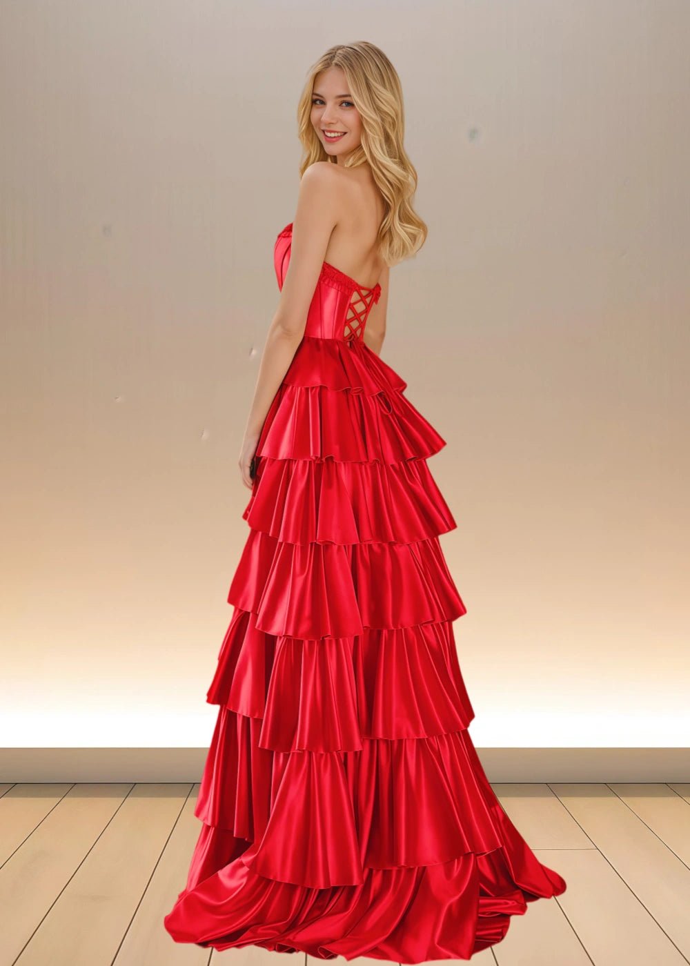 Adele | Yellow Satin Strapless Beaded Ruffle Formal Dress with Slit - Red - PromDressClub