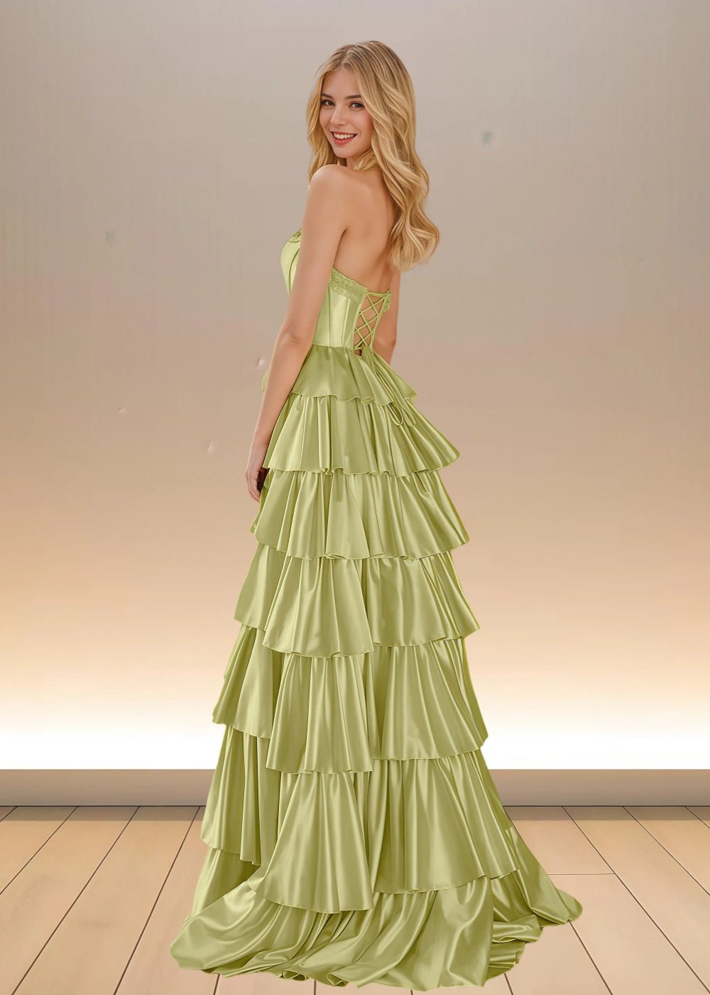 Adele | Yellow Satin Strapless Beaded Ruffle Formal Dress with Slit - Sage - PromDressClub