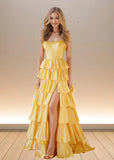 Yellow Satin Strapless Beaded Ruffle Formal Dress with Slit - Yellow - PromDressClub