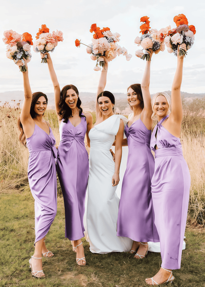 Yetta | Fashion Pleated Grey Blue Halter Satin Long Bridesmaid Dresses with Slit A Line - Price #price_variant_lowest# - Lavender - PromDressClub