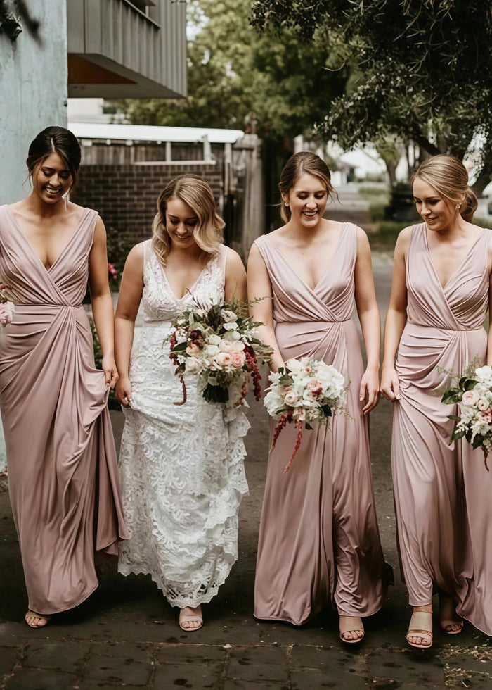 Yvonne | Amazing Pleated Pink Chiffon Maxi Bridesmaid Dress with V - Neck and Sleeveless - Price #price_variant_lowest# - Pink - PromDressClub