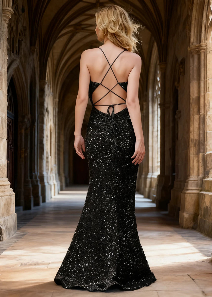 Zara Black Velvet Sequins Prom Dress | Sheath Fitted Spaghetti Straps V - Neck Backless Pleated Dress with Slit - US0 - PromDressClub