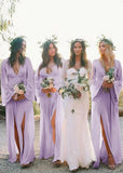 Zara | Boho Long Sleeves Light Pink Chiffon Maxi Bridesmaid Dress with A - Line and Deep V Neck - Lavender - PROMDRESS Club