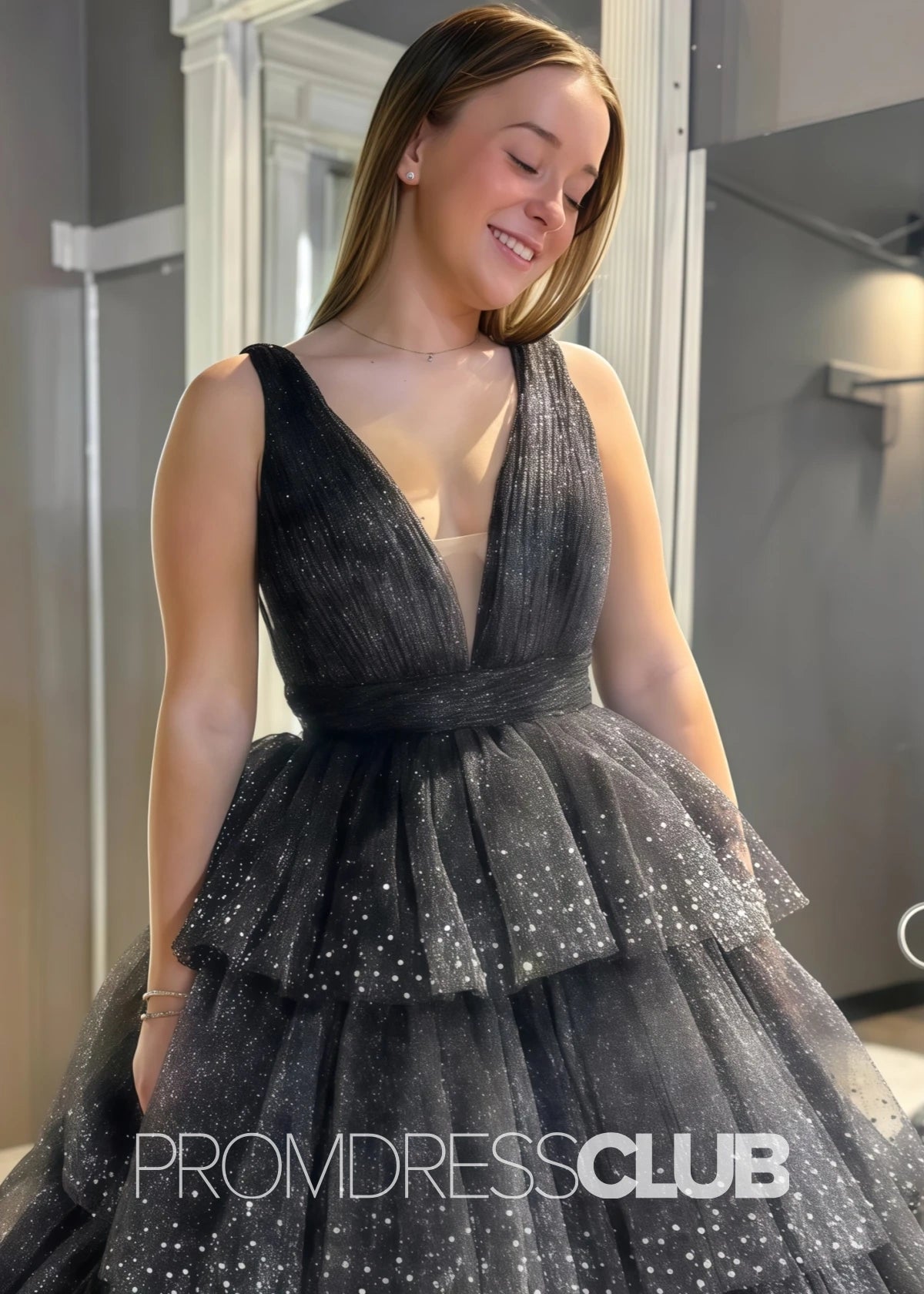 Zara |Dress for Prom Black Long A Line Tulle Sequin V - Neck Ruffle Tiered - Black - PromDressClub