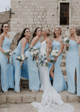 Zenobia | Chic Sheath Light Blue Chifon Maxi Bridesmaid Dress with Slit and One Shoulder - Light Blue - PROMDRESS Club