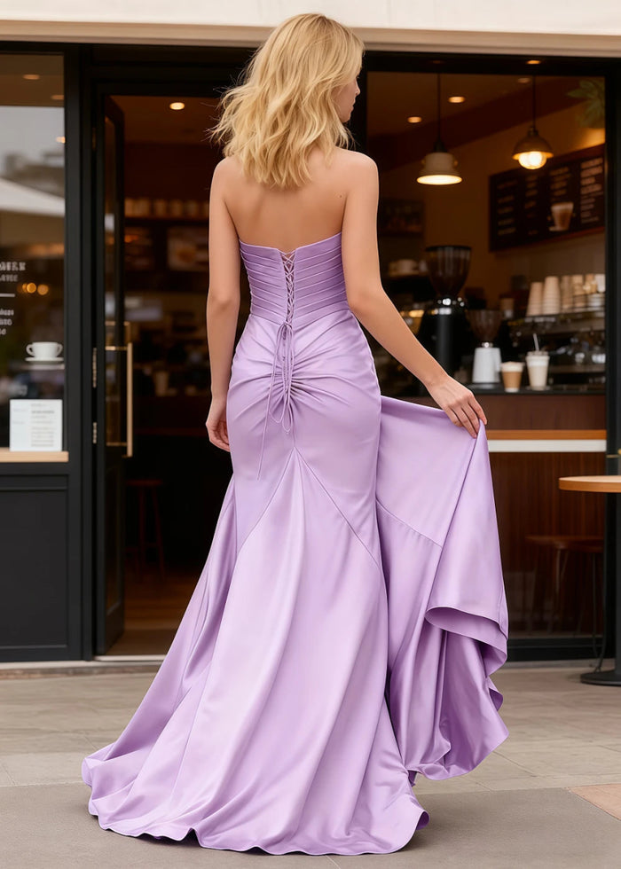 Zephyr Lavender Sweetheart Neckline Prom Dress | Mermaid Strapless Twist Knot Pleated Slit Dress with Cutouts - US0 - PromDressClub