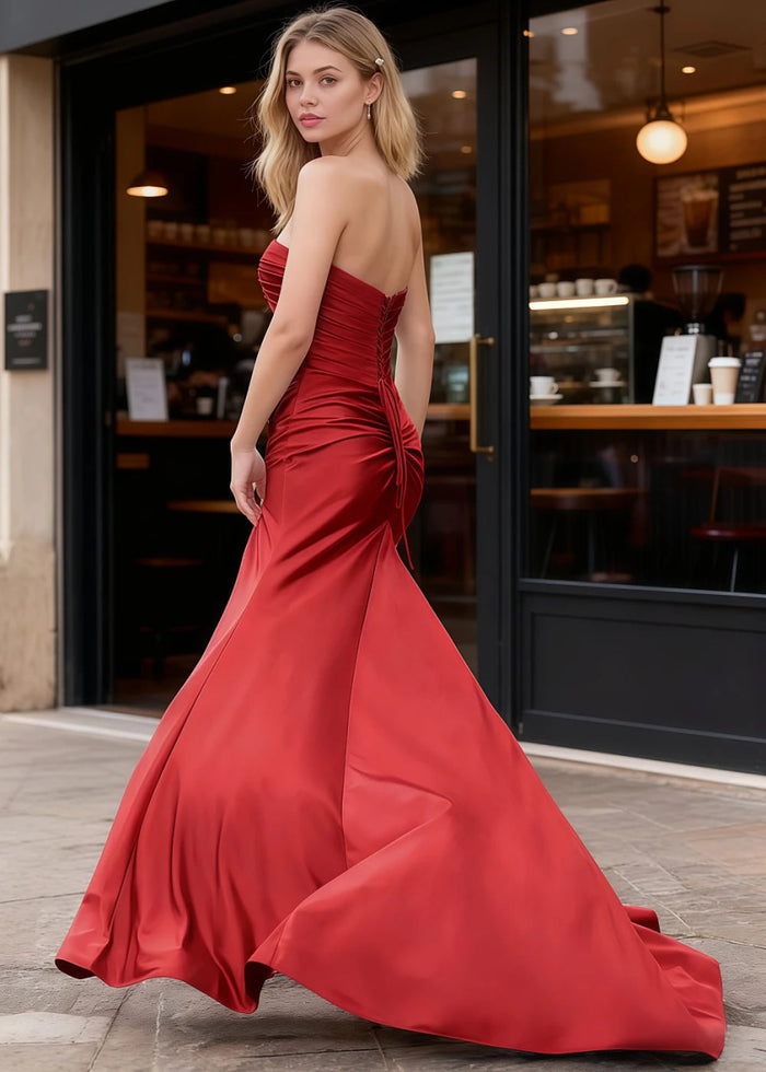Zephyr Red Sweetheart Neckline Prom Dress | Mermaid Strapless Twist Knot Pleated Slit Dress with Cutouts - US0 - PromDressClub